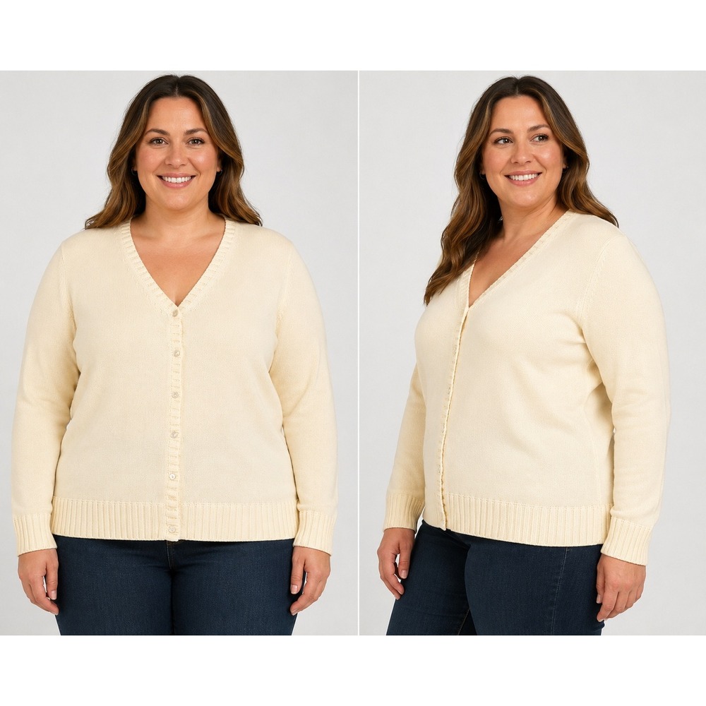Lands End Womens XL Cream Ivory 100% Cotton V-Neck Button Front Cardigan Sweater
